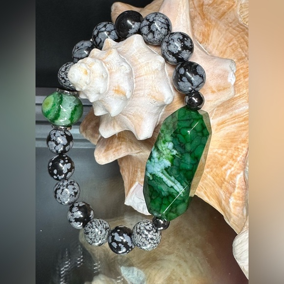 SNOW OBSIDIAN + AGATES NATURAL STONES  BRACELET size 7” - Picture 2 of 14